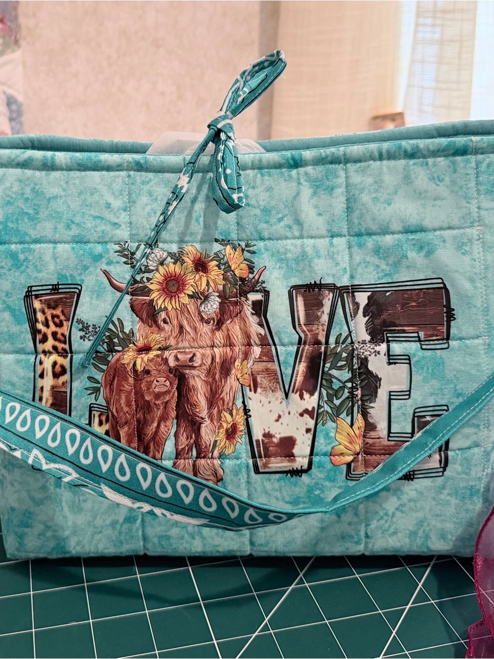 Hand Crafted Turquoise Quilted Tote with Floral Highland Cow LOVE Graphic